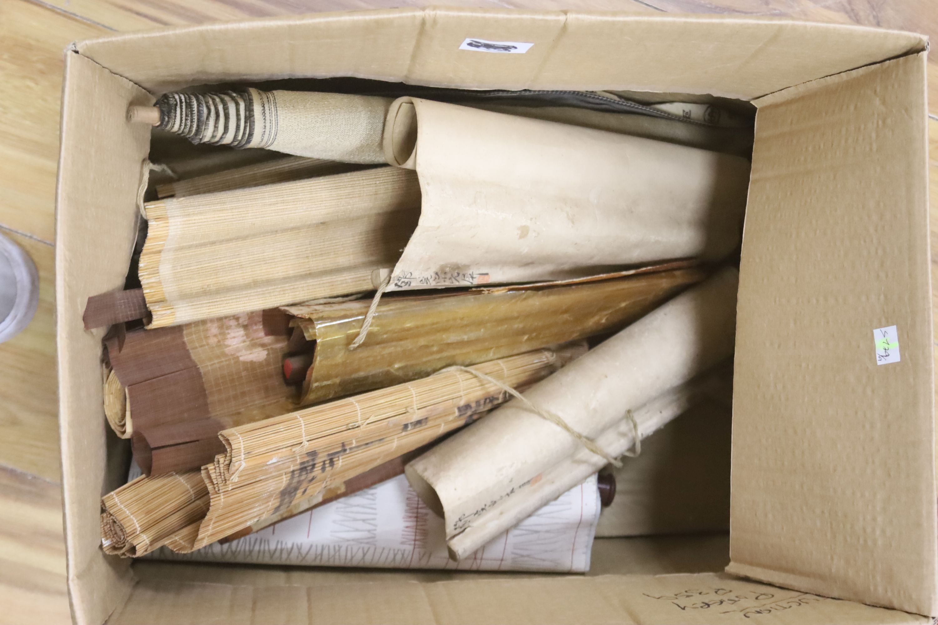 A pair of Chinese embroidered brocade panels and various printed scrolls etc.